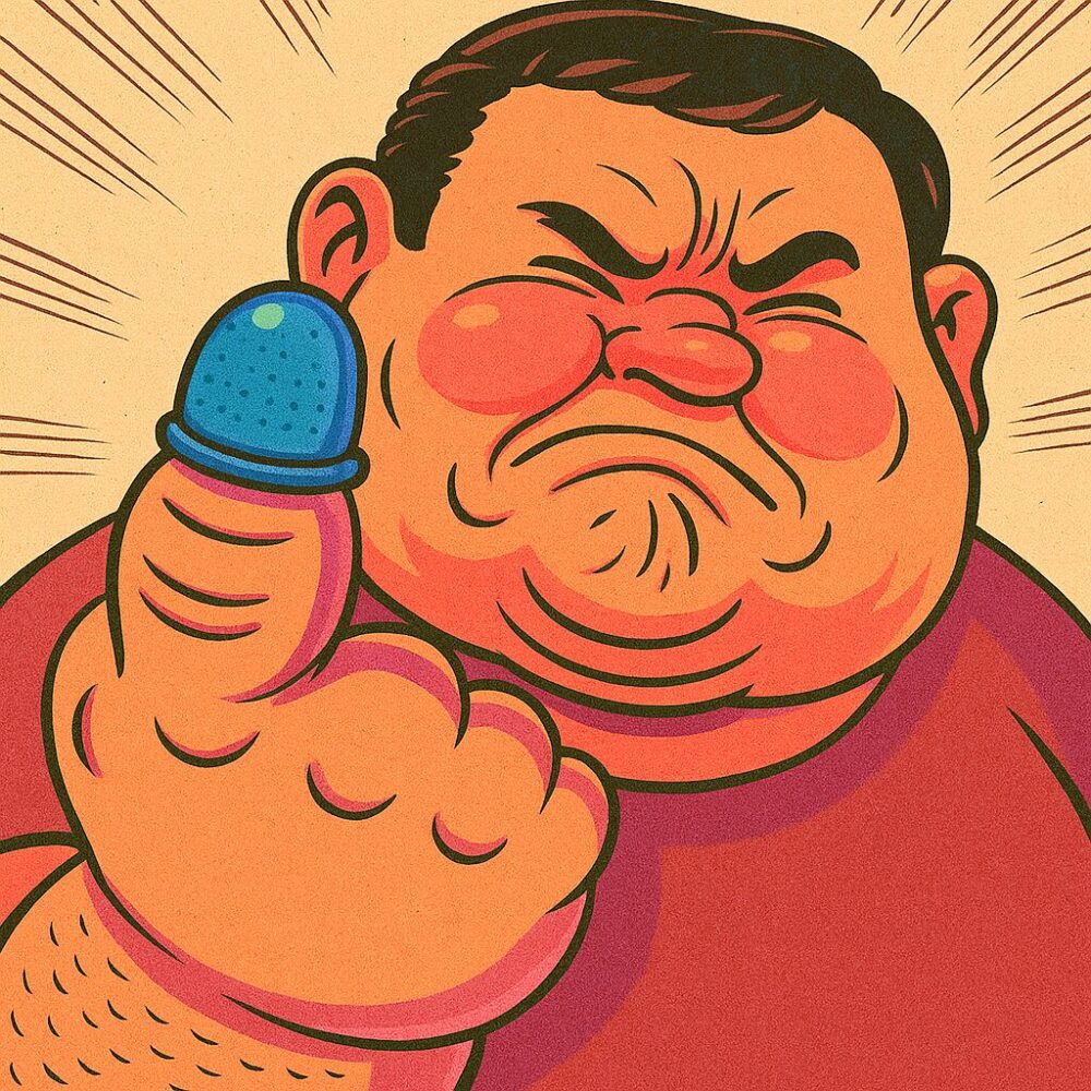 巨大な親指に無理やり指サックを装着し、顔をしかめる大柄な男性のイラスト