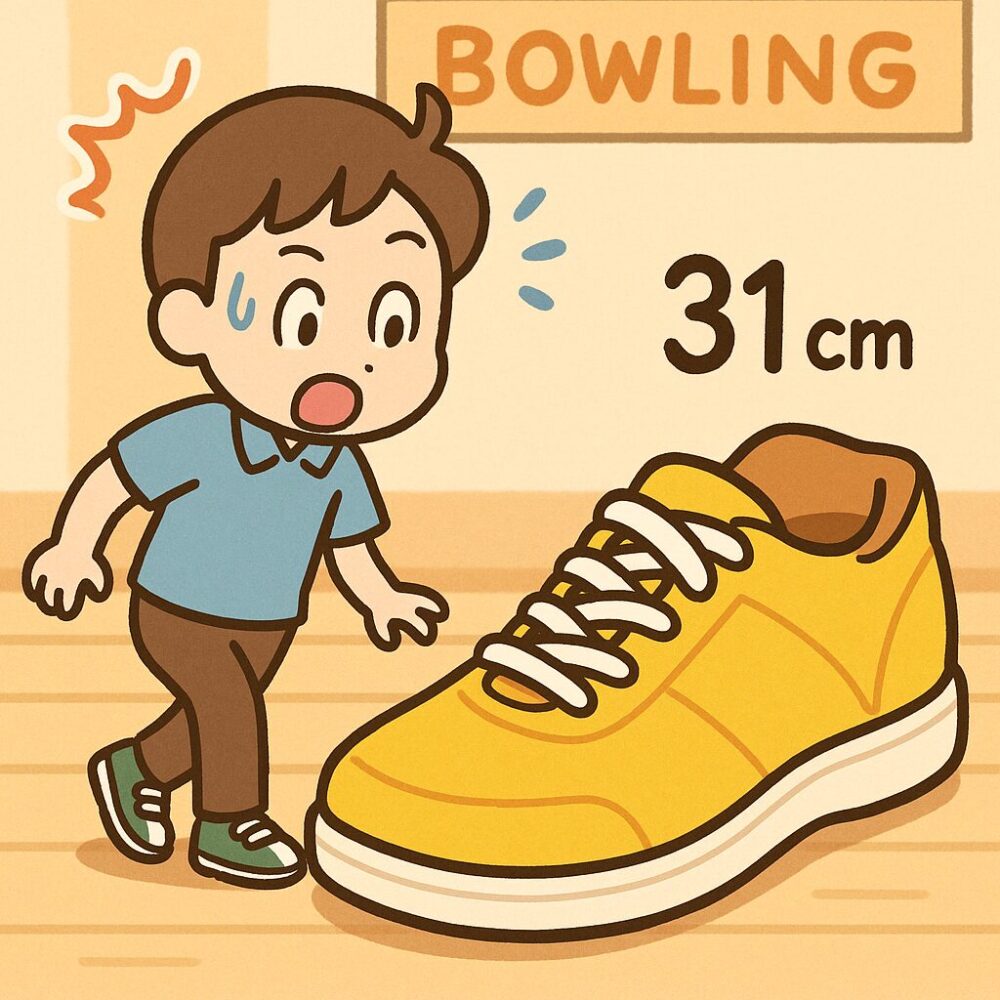 ボウリング場で31cmの巨大な黄色い靴を見つめて驚く男性のイラスト。背景に「BOWLING」の看板あり。