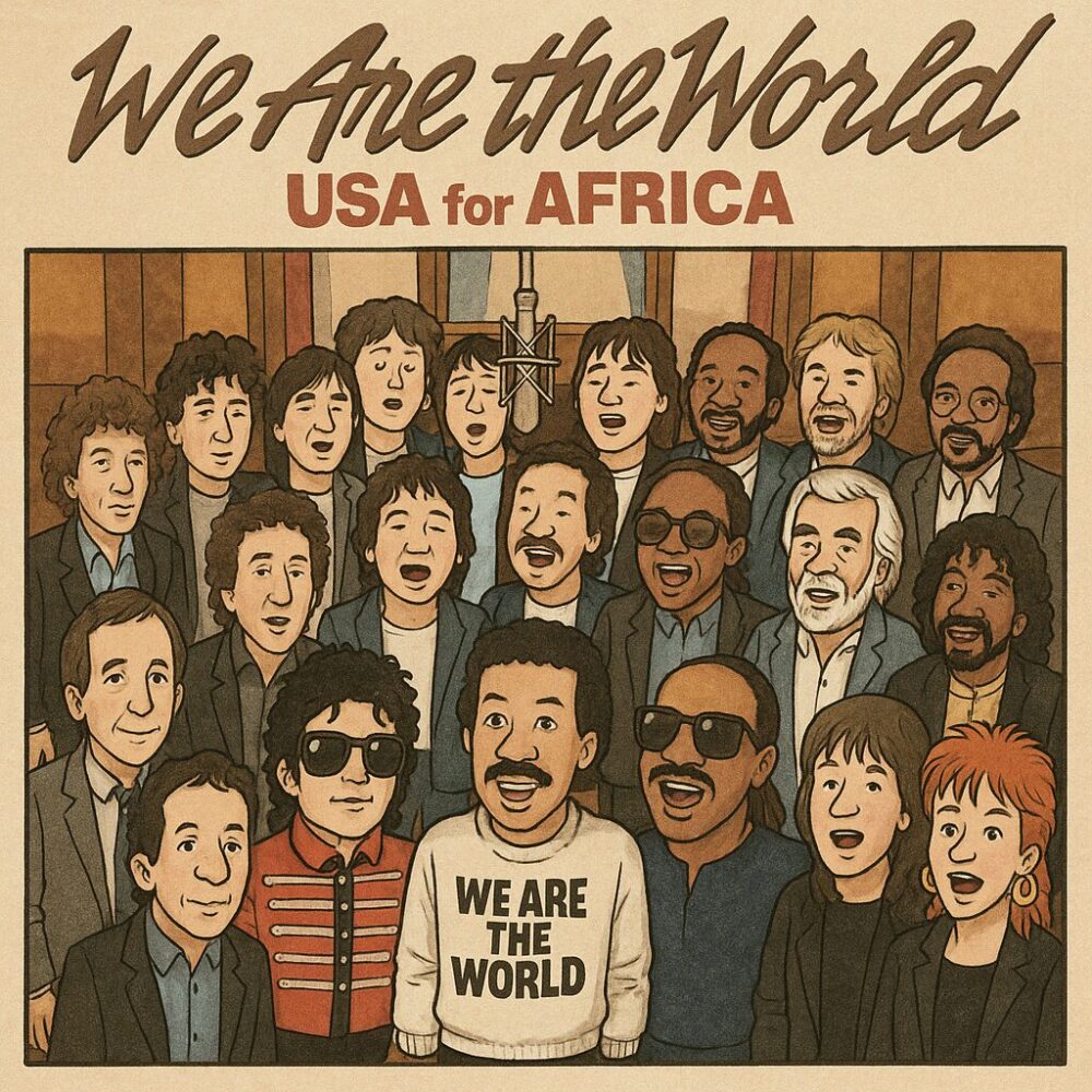 「We Are The World」を歌うアーティストたちが一堂に会して大合唱している様子のイラスト。中央には“WE ARE THE WORLD”の文字が入った服を着た人物が描かれている。