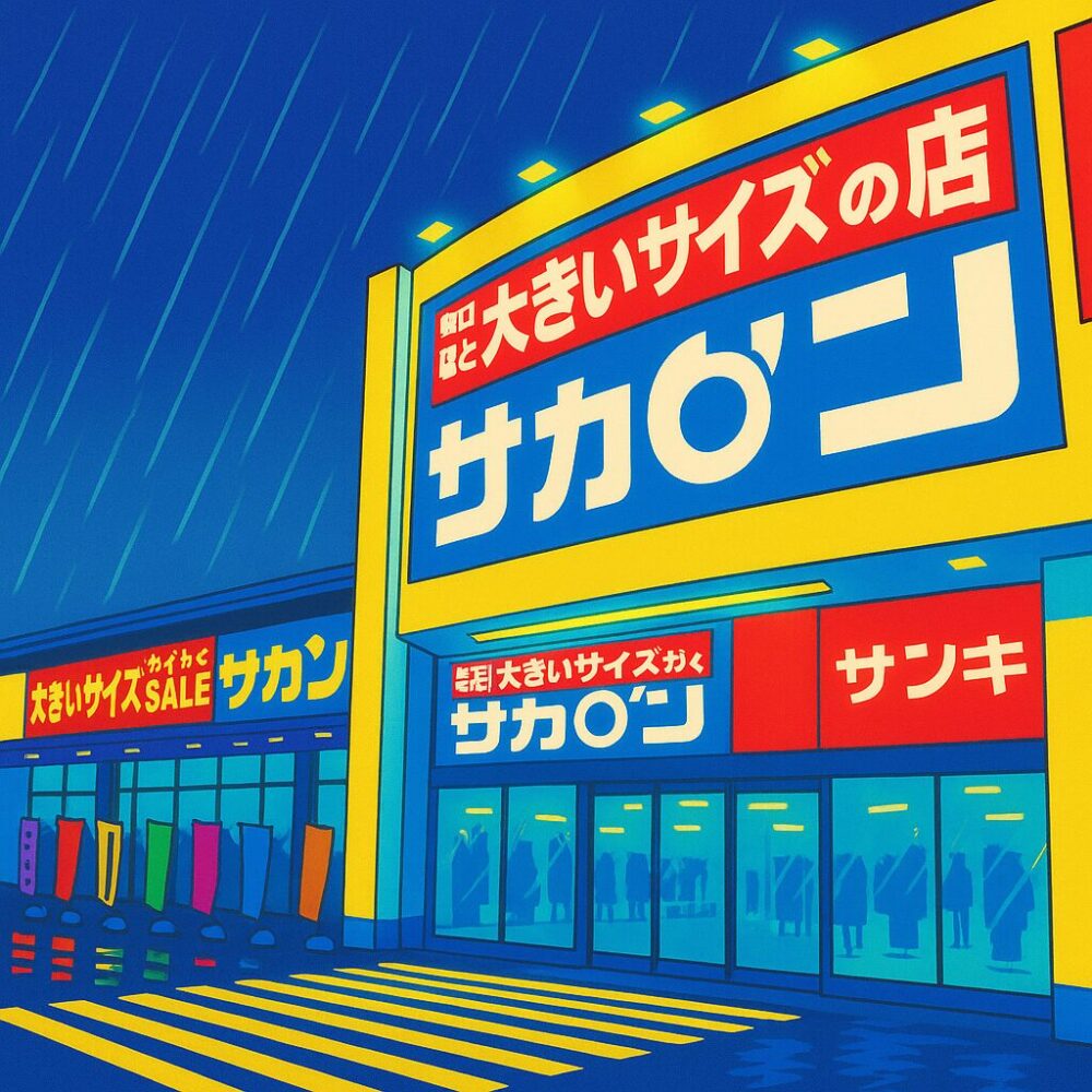 雨の夜、大きいサイズ専門店「サカ〇ン」の明るく照らされた店舗外観のイラスト