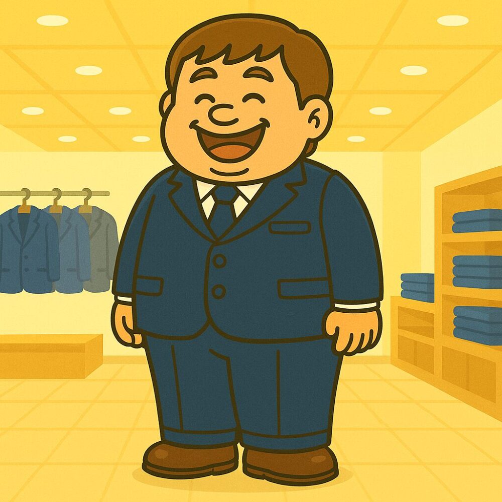 スーツを着たふくよかな男性が明るい店内で満足そうに立っているイラスト