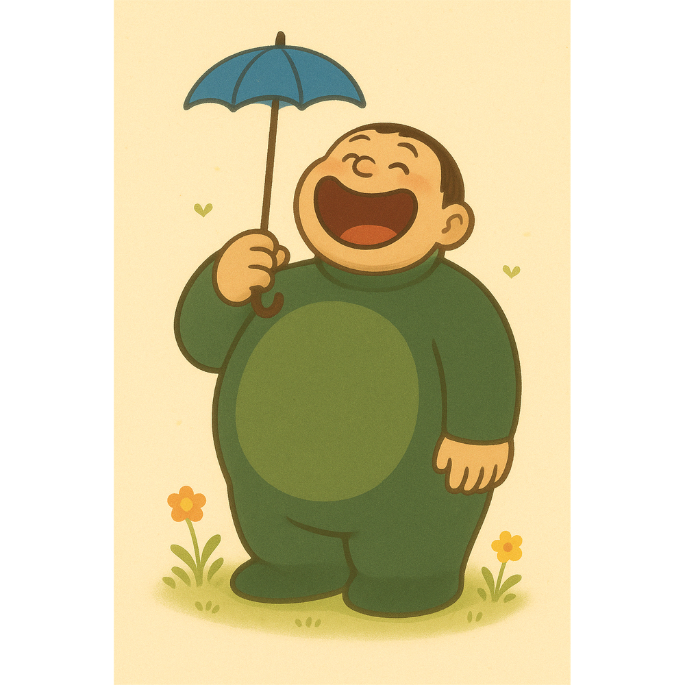 折りたたみ傘をさして笑っている、体の大きな男性のキャラクター。全身緑色の服を着ていて、まるで“トトロ”のようなシルエット。