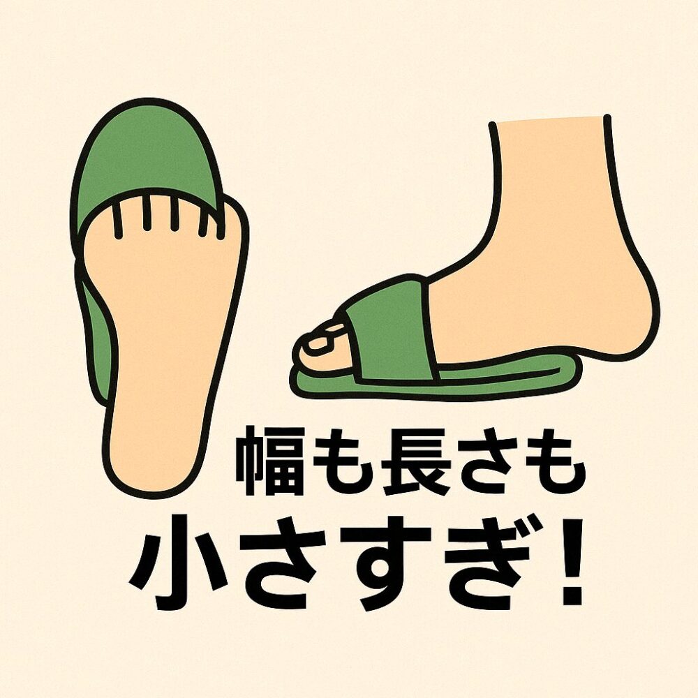 ビニールスリッパから大きくはみ出す足のイラスト。「幅も長さも小さすぎ!」の文字入り。