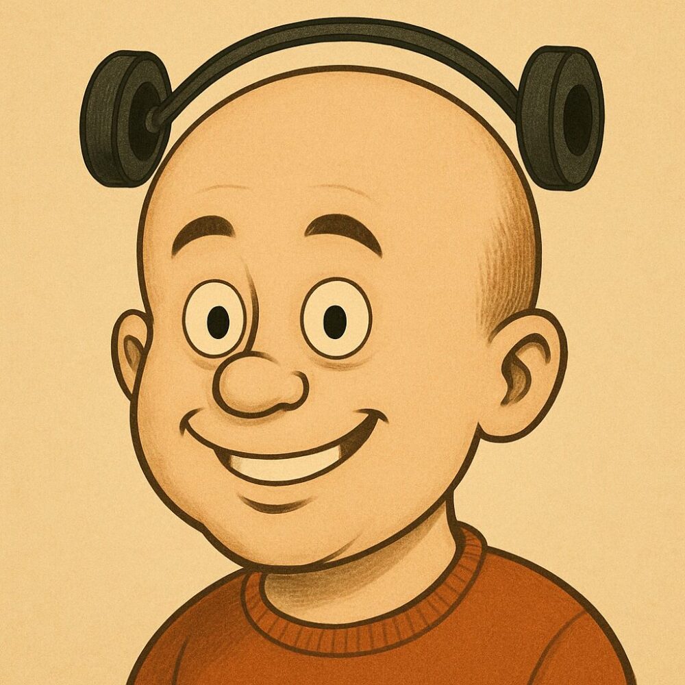 頭が大きすぎて、ヘッドフォンのパッドが耳に届かず、頭の上で浮いているデカたま様のイラスト。