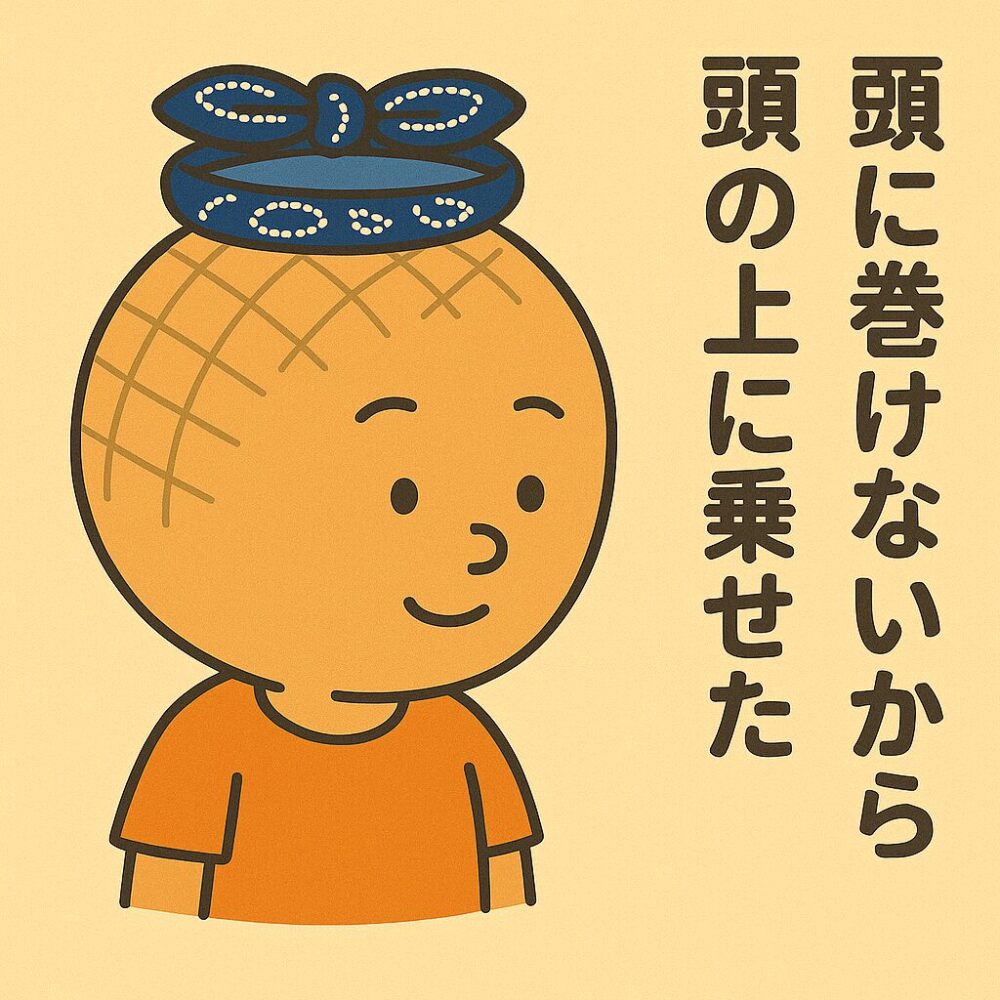 バンダナを頭に巻けないデカたま様が、代わりに頭の上にそっとバンダナを乗せているイラスト。