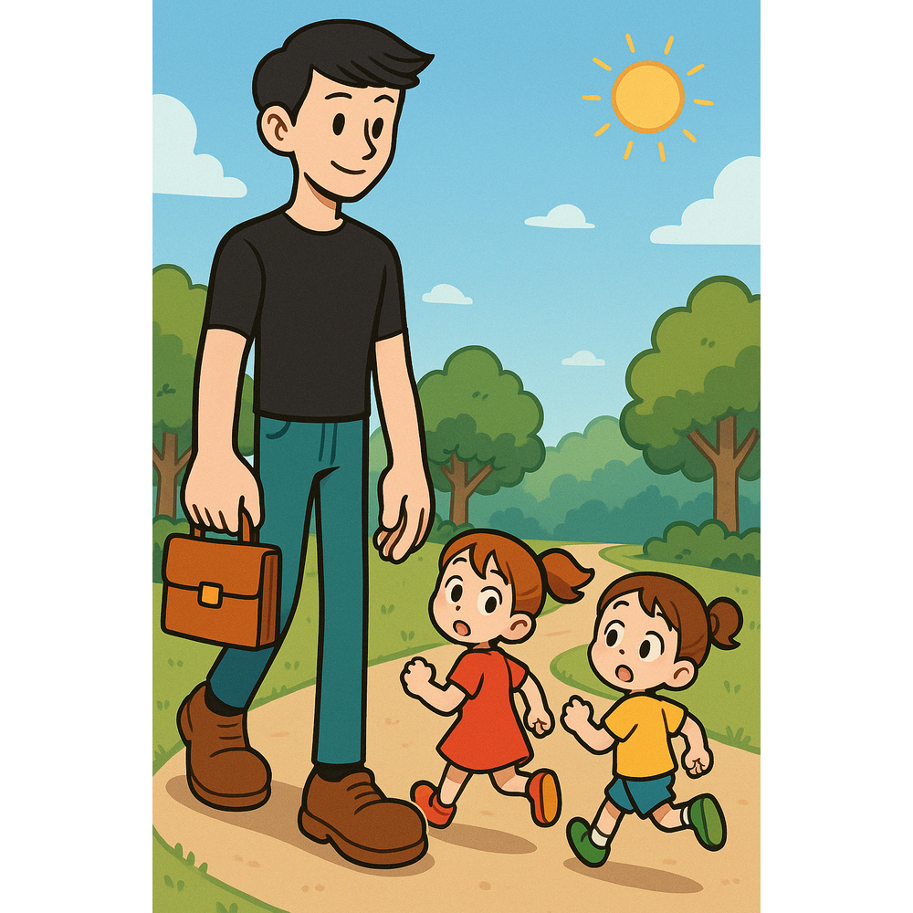 小学生の女の子2人が、街中で見かけた背の高い男性を追い抜きながら驚いた表情で見上げている様子