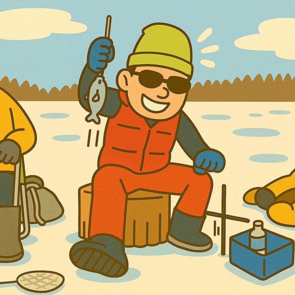氷上のワカサギ釣りで、たった一匹を釣り上げて大喜びする若者のコミカルなイラスト。