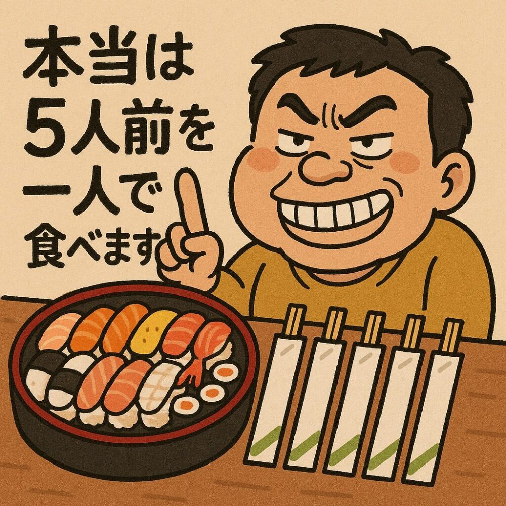 寿司の盛り合わせを前に、笑顔で「本当は5人前を一人で食べます」と語る男性。箸が5膳並んでいる。