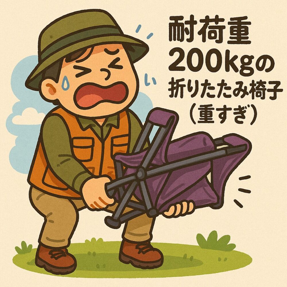 体重115kg、身長192cmのおもリッチが、耐荷重200kgのアウトドアチェアを前に即購入を決意し、そのチェアがゴルフバッグのように重厚であることを示すイラスト