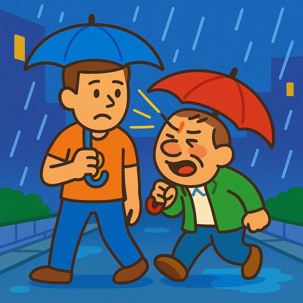 雨の夕方、狭い歩道ですれ違うタッカーズと酔っぱらいのおっちゃん。おっちゃんの傘の先がタッカーズの目に迫っている様子。