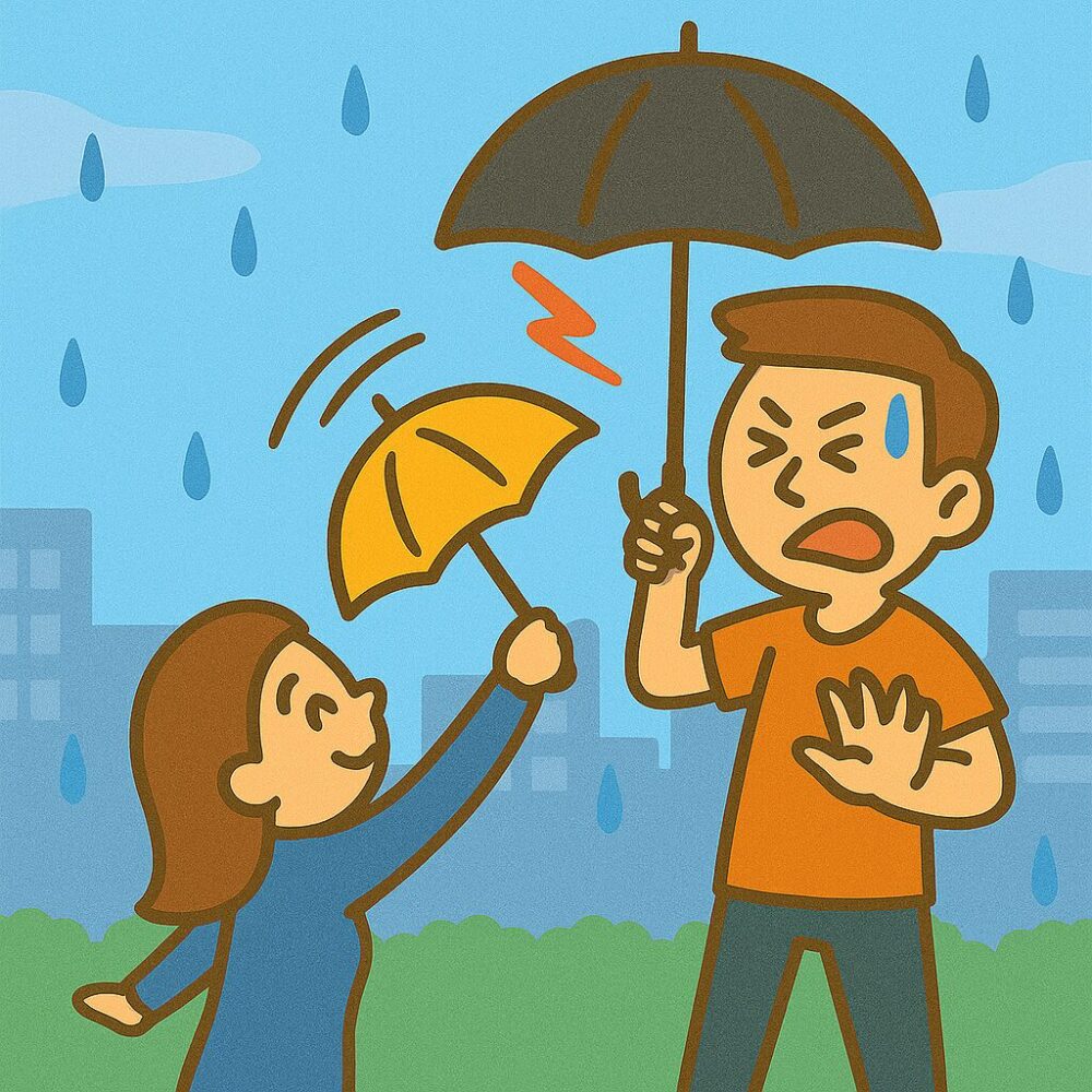 背が高い男性と小柄な女性が雨の日にすれ違い、女性の傘の先が男性の目に迫っているイラスト。