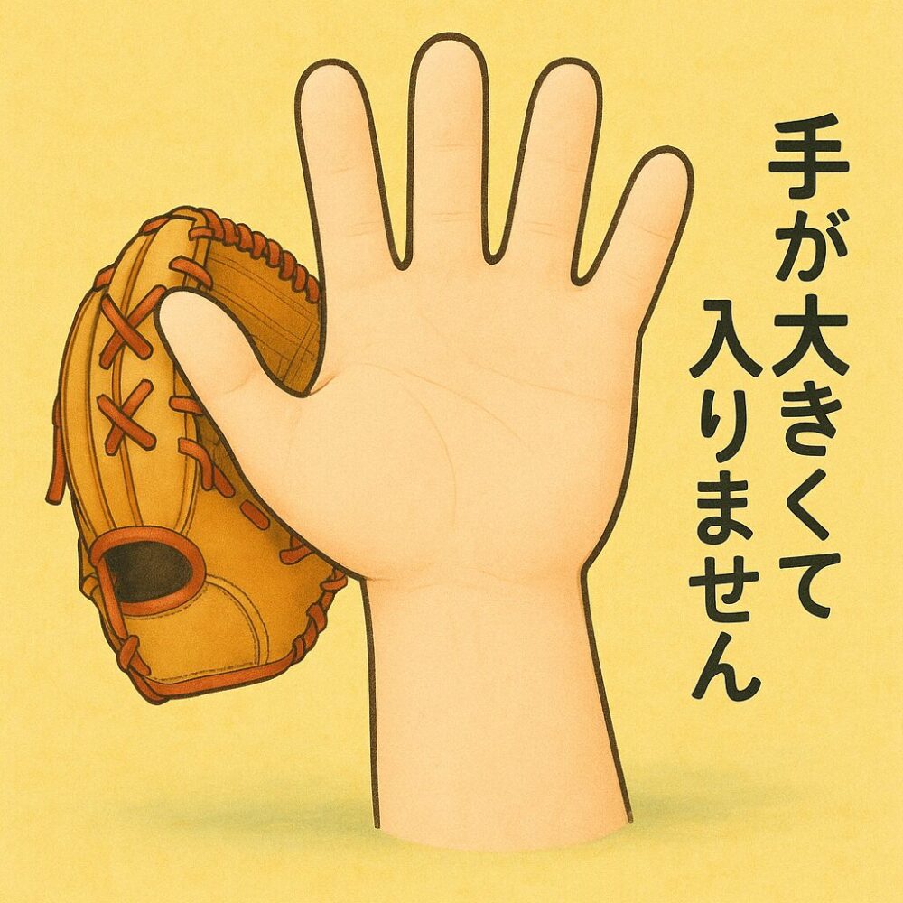 大きな手が野球のグローブに入らず困っている様子のイラスト。手のひらの横にグローブがあるが、明らかにサイズが合っていない。