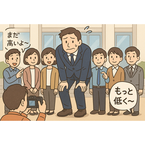 集合写真の撮影で「もっと低く~」とカメラマンに指示され、膝を曲げて困惑する高身長の男性。