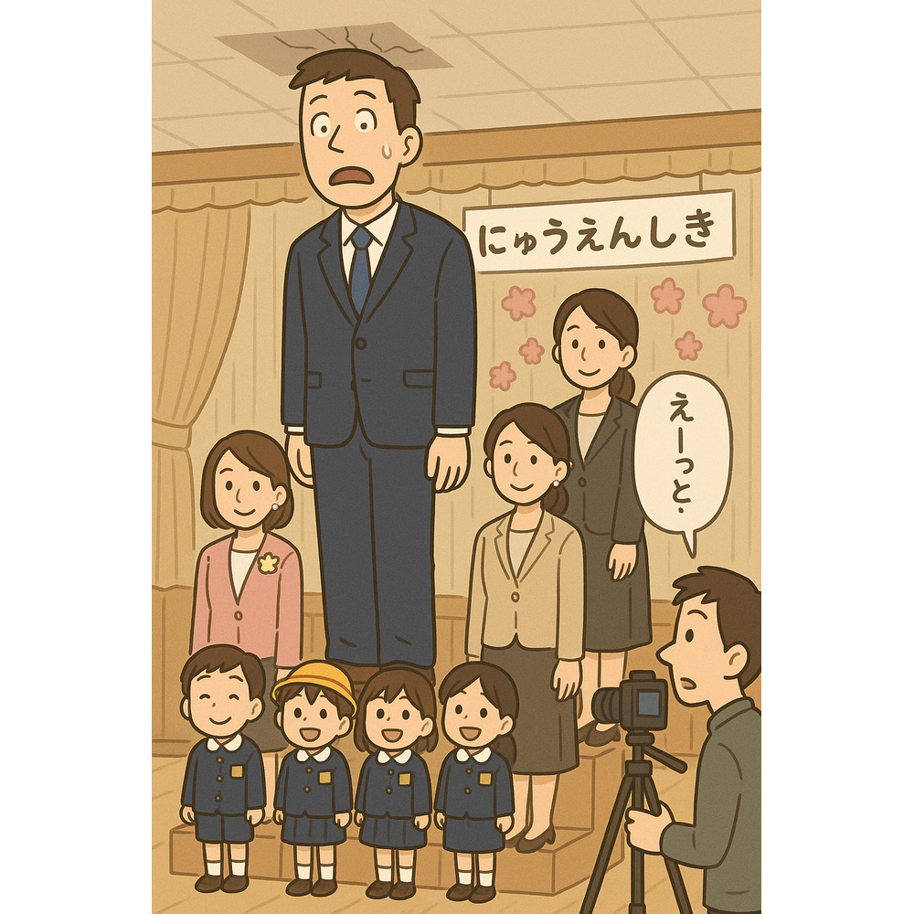 入園式の集合写真で最上段に立たされた192cmの父親が天井近くまで顔を出している様子。