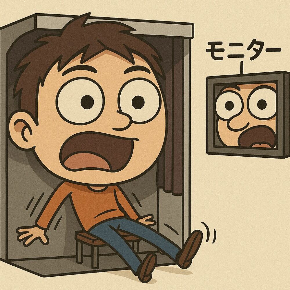 証明写真ボックスで限界の姿勢をとる男性。モニターには頭の一部しか映っておらず、狭さに困惑している様子。