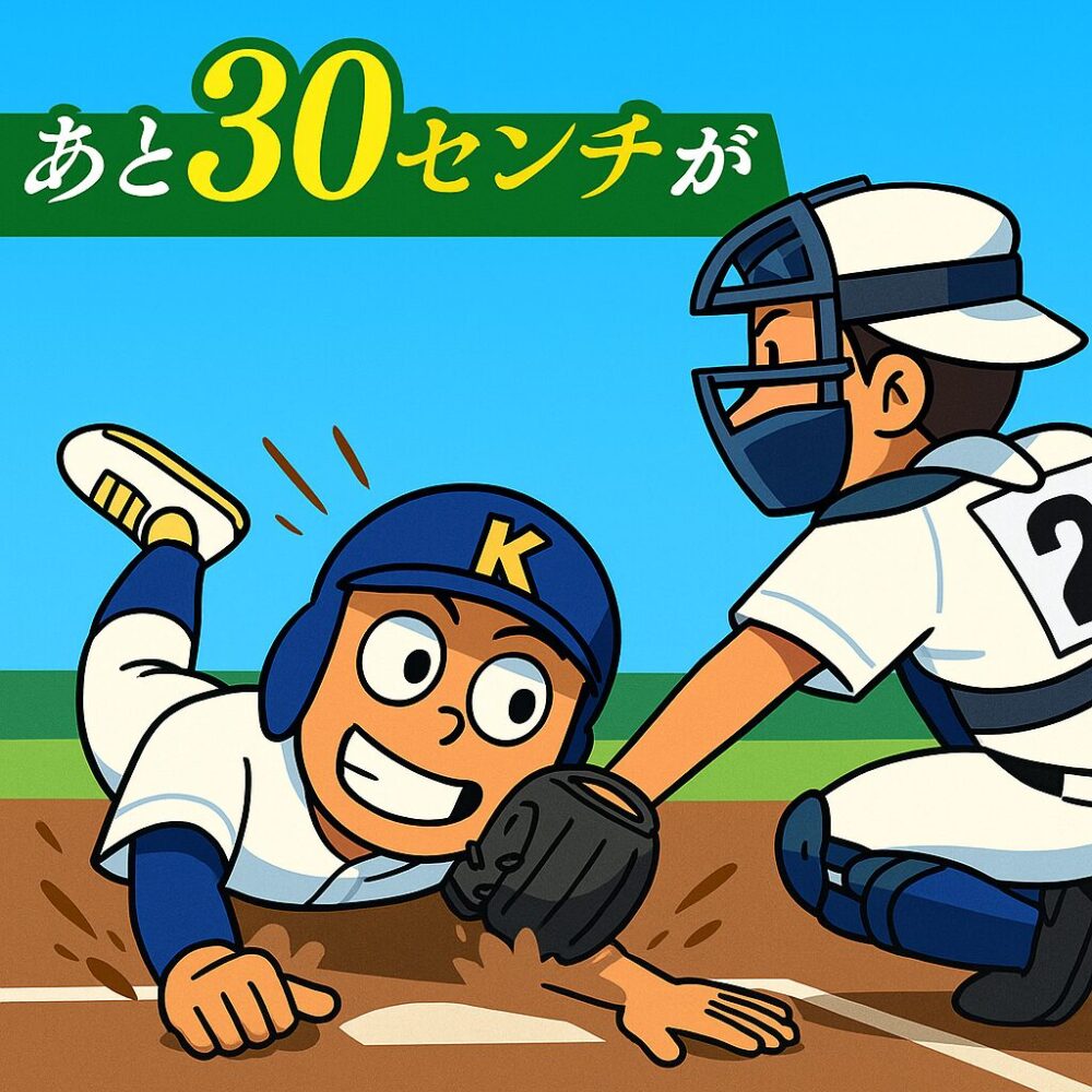 夏の甲子園、高校野球の試合中にホームベースへヘッドスライディングする選手と、それをタッチしようとするキャッチャーの緊迫した瞬間。