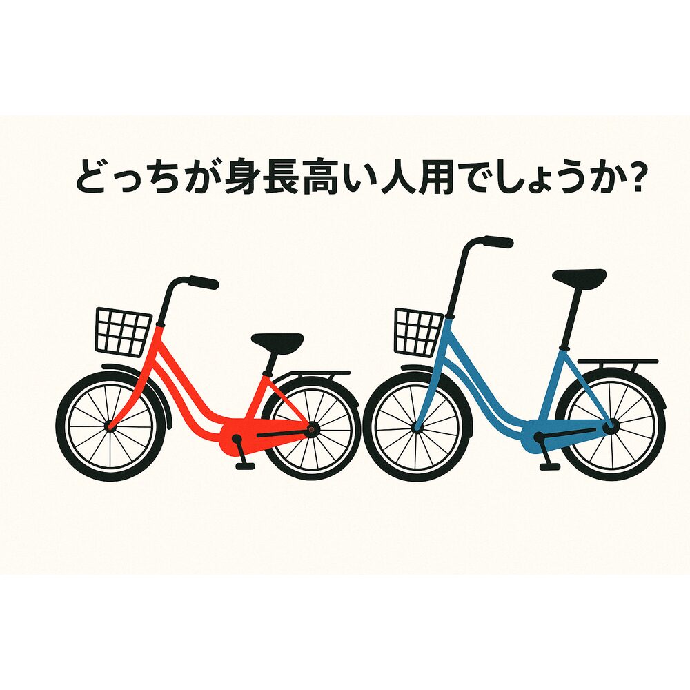 赤い自転車と青い自転車が並び、上部に「どっちが身長高い人用でしょうか?」という文字が書かれているイラスト。