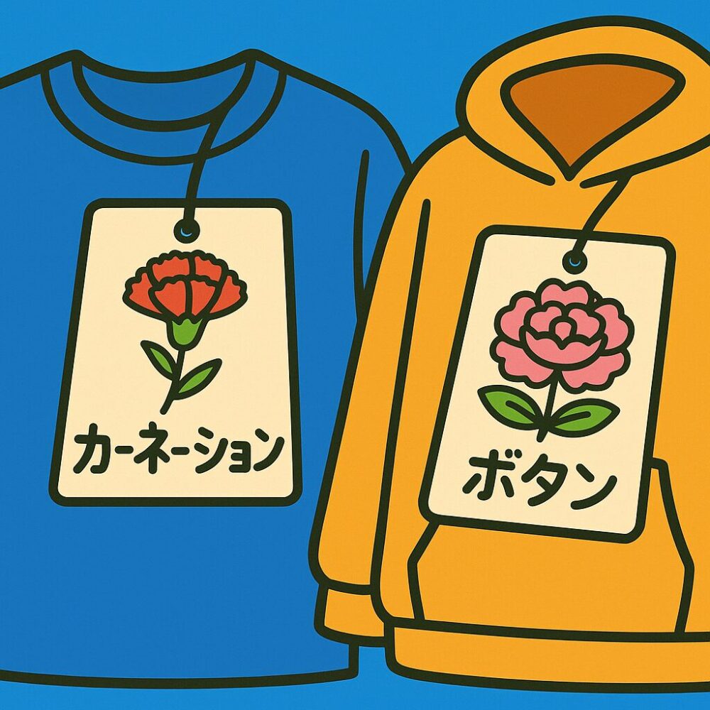 「大きいサイズの服のタグに『カーネーション』『ボタン』と書かれているイラスト」