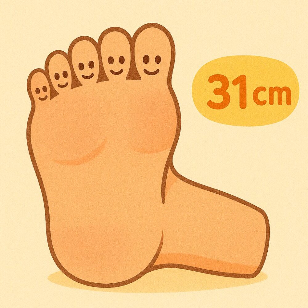 笑顔の足の指が描かれた31cmの大きな足のイラスト。足のサイズが強調されている。