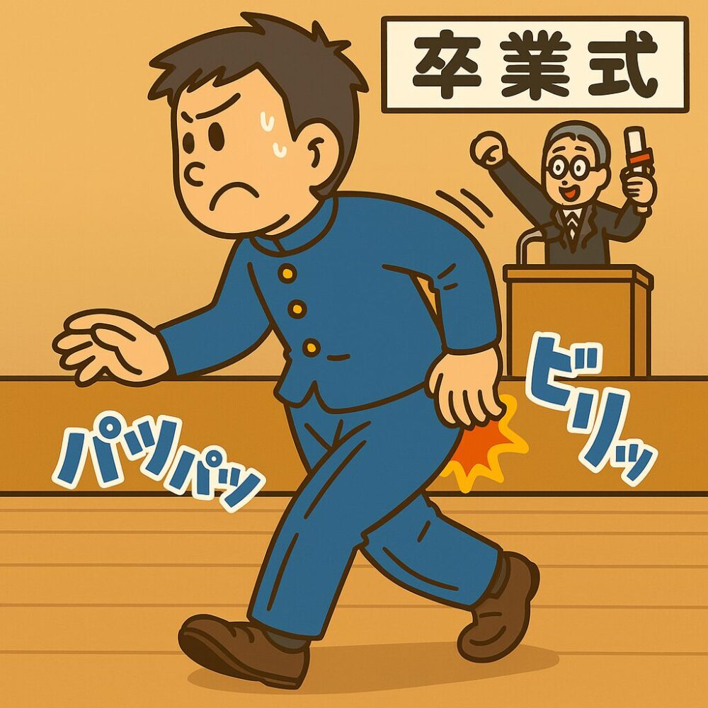 卒業式の舞台で制服が裂けないようにソロリと歩く男子学生のイラスト。体育館内の様子。