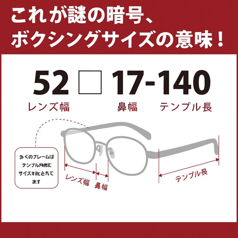眼鏡のサイズ表記「52□17-140」の意味を説明する日本語インフォグラフィック。赤い矢印でレンズ幅・鼻幅・テンプル長を示し、上部には大きな文字でサイズ表記が描かれている。